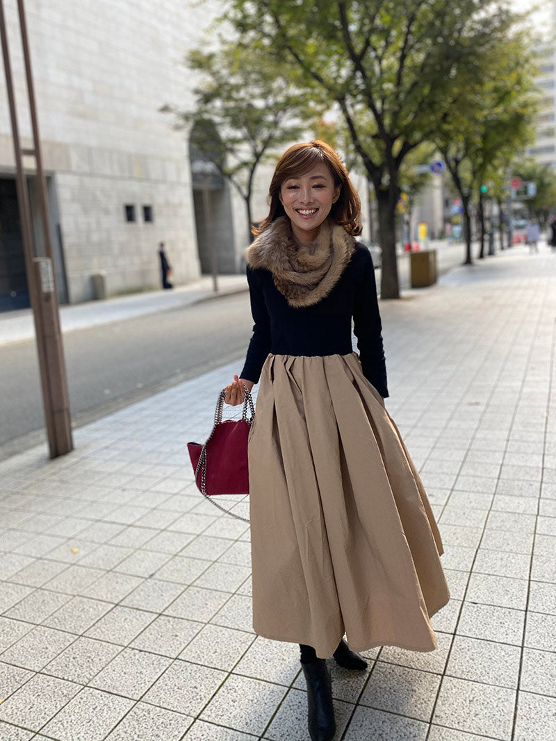 長袖リブトップフレアワンピース｜前後2Way絶妙な小柄バランス
