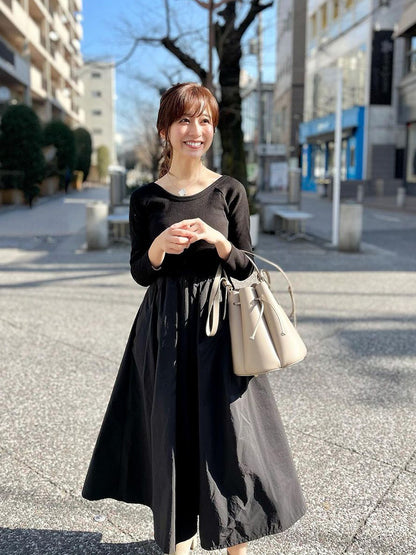 長袖リブトップフレアワンピース｜前後2Way絶妙な小柄バランス