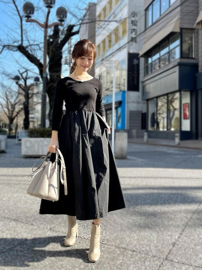長袖リブトップフレアワンピース｜前後2Way絶妙な小柄バランス