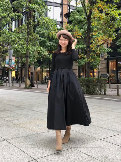 長袖リブトップフレアワンピース｜前後2Way絶妙な小柄バランス