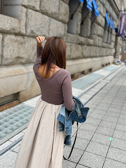 長袖リブトップフレアワンピース｜前後2Way絶妙な小柄バランス