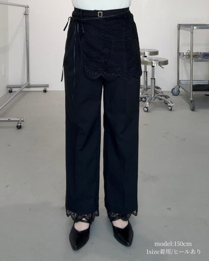 【2026年11月25日　受注予約開始】美脚見えタックワイドストレートパンツ　3点SET（パンツ1点＋ラップスカート1点＋裾レース1点）