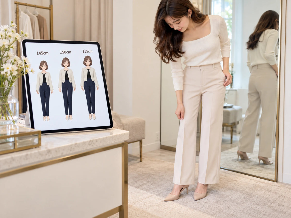 パンツの丈を確かめる女性と、身長別の着用イメージ