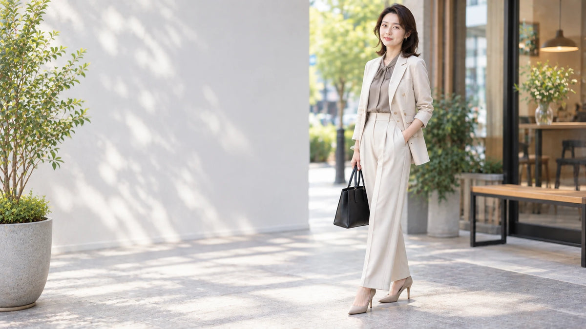 小柄なわたしの、ちゃんと服。ベージュのジャケットとワイドパンツの着こなし
