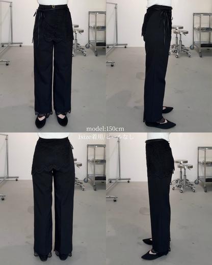【2026年11月25日　受注予約開始】美脚見えタックワイドストレートパンツ　3点SET（パンツ1点＋ラップスカート1点＋裾レース1点）