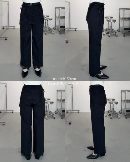 【2026年11月25日　受注予約開始】美脚見えタックワイドストレートパンツ　3点SET（パンツ1点＋ラップスカート1点＋裾レース1点）